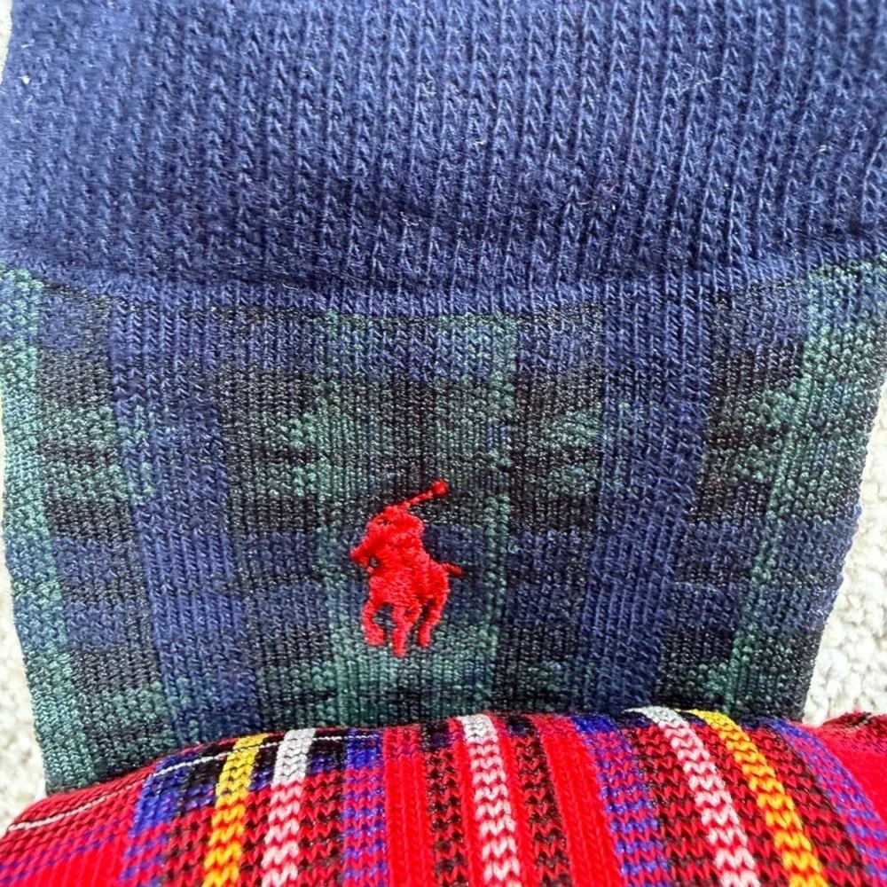 Polo Ralph Lauren Boys 3 Pack Crew Socks Polo Bear Plaid Tartan Navy Red 9-11